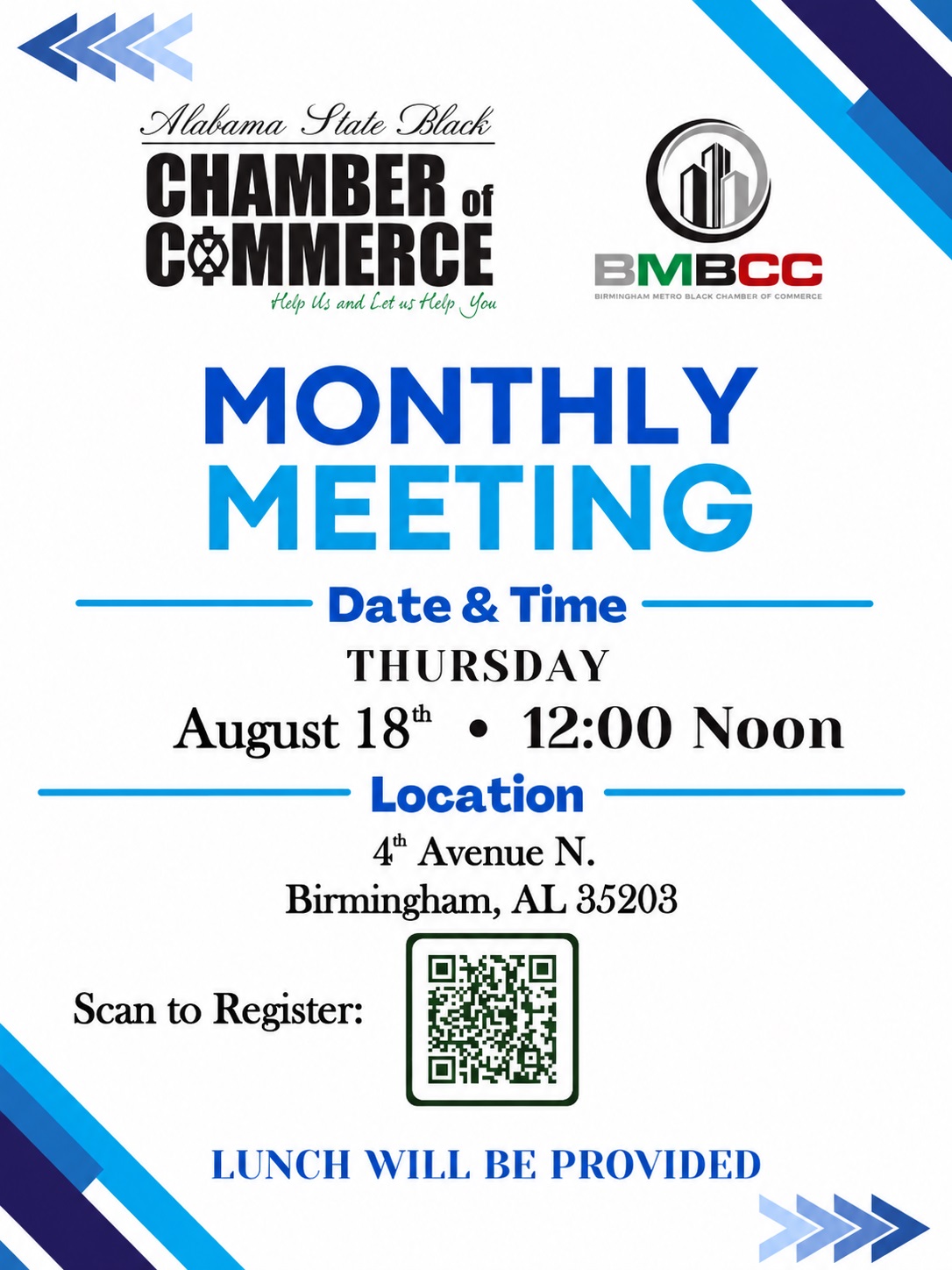 ASBCC and BMBCC Monthly Meeting flyer — 12:00 Noon, 4th Avenue N, Birmingham AL, lunch provided